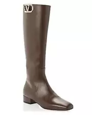 Valentino Garavani VLOGO V Logo Signature Leather Knee High Boots Cacao $2190