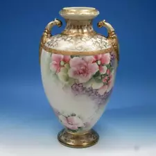 New ListingHand Painted Nippon Porcelain - Large Flowers Two Handled Vase - 14 inches