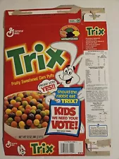 1991 General Mills TRIX Fruity Sweatened Corn Puffs Cereal Box Flat Kids Vote