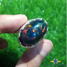 Premium Quality 24Ct Big Black Ethiopian Opal Fire Oval Black Opal Ring Size 9