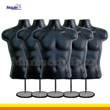 5 MALE TORSO MANNEQUIN FORMS -BLACK w/ 5 STANDS + 5 Hanging Hooks Men Clothings