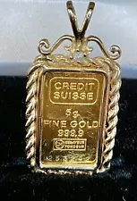 5 grams Credit Suisse 999.9 PURE 24KT Fine Gold Bar in 14kt diamond pendant