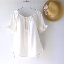 New~$69~Antique White Linen Peasant Blouse Shirt Ivory Boho Top~Size Medium M