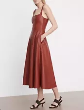 $1395 VINCE Women's Red Square-Neck Leather MIDI Apron Dress Size 4