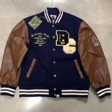 A BATHING APE BAPE Men's VARSITY JACKET Size L Navy Brown from Japan