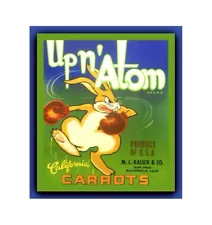 Up n Atom California carrots vegetable crate label art poster for sale