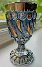 Antique Blue Glass Goblet Enamel & Gold Blown in 3 Part Mold Bohemian Italian?