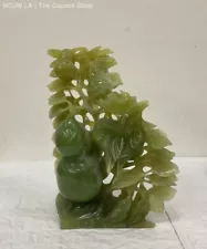 Carved Xiu Jade (Serpentine) Green Rooster Next to Pears 9.5" Centerpiece Statue