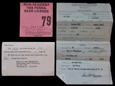 1986 Pennsylvania Non-Resident BEAR Hunting Licenses and Back Tag w/ Kill Report