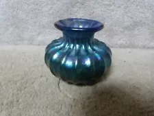 GORGEOUS Iridescent Squat Blue Art Glass Vase Tiffany Style 3.25"