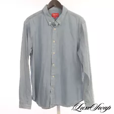 #1 MENSWEAR Supreme NY Denim Chambray Spellout Logo Arm Button Down Shirt L NR