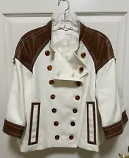 Gucci Leather & Cotton Womens 44 White & Brown 3/4 Sleeve Jacket Flaw