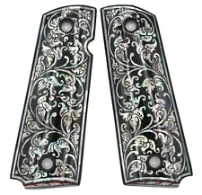 1911 GRIPS FULL SIZE FIT COLT KIMBER S&W TAURUS Mother of Pearl Black Flower ART