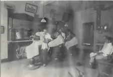 Matted BW Photograph of Barber Shop Interior – 3 Chairs w/ Man Being Shaved