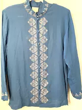 YI LIN Blouse Sz L Blue Embroidered 100% Silk Asian Long Tunic Top QVC NWT *see