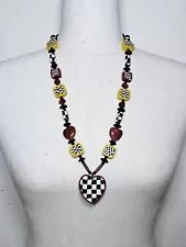 Vintage Artisan Polymer Clay Gemstone Checkered Taxi Bead Heart Pendant Necklace