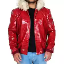 Men Red Crocodile Hooded Fur Collar Faux Leather Bomber Jacket - Halloween Sale