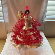 Flamenco Spanish Dancer Doll White Dress with Red Lace - No Brand 9.5"