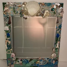 Beautiful Sea Shell And Vintage Jewelry Stained Glass Wall Mirror