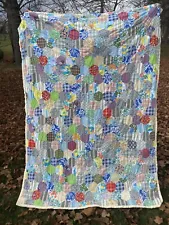 Vintage Quilt Hexagon 64x86 Hand Stitched Patchwork Great Old Fabric