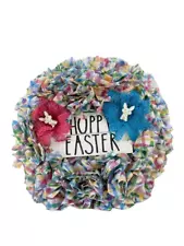 Hoppy Easter Rag Wreath Pastel Plaid Floral Spring Decor 12.5in Diameter