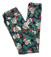 LULAROE One Size Christmas Santa Claus Holly Green & Blue Leggings