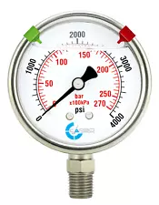 2.5" LIQUID FILLED PRESSURE GAUGE 0 - 4000 PSI, STAINLESS STEEL CASE LOWER MOUNT