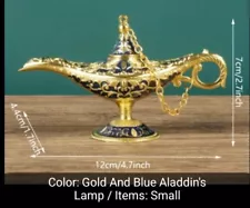 Vtg Aladdins Sm 4.7"Magic Genie Wish Lamp Metal Gold+Blue Decorative Collectible