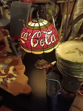 Vintage 15" Coca Cola Tiffany Style Plastic Stained Glass Shade Table Lamp