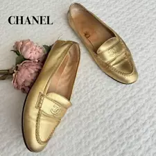 CHANEL Loafers Flat Shoes Coco Mark Gold beautiful Size37.5 US About7.5 Women