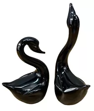 Black Blown Art Glass Swans Vintage 1980s Set of 2 Crowning Touch