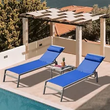 Domi Patio Chaise Lounge Set w/5 Adjustable Position,Headrest & Side Table,Blue