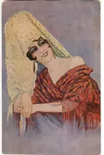 SPANISH ANTIQUE Postcard YOUNG LADY, WEARING MANTILLA, SMILING