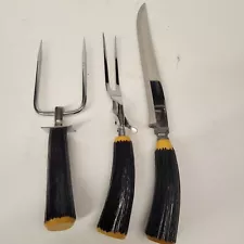 Burns Carving Set Knife Fork w/ Stabilizer Lift Fork & Stag Antler Horn Handles