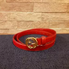 Gucci Interlocking Gg Gold Buckle Leather Belt Red USED