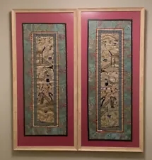 New ListingPAIR Chinese Silk Panel Embroidery Needlepoint Framed 13"x 28" Geisha, Dogwood