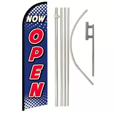 Now Open Windless Banner Swooper Advertising Flag Pole Kit Blue/Red Lettering