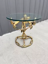 RARE Vintage Mid-Century Modern Drexel Gilt Lily Accent Table w Glass Top Court