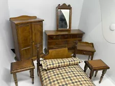 Dollhouse Miniature 1:12 Wood Bedroom Set Bed Mirror Dresser Wardrobe Table Desk