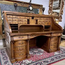 American Antique S Curve Golden Oak 72" Scarritt-Comstock Co Roll Top Desk C1890