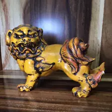 Vintage Foo Fu Dog Guardian Statue Rare Large Yellow Orange Ceramic Chinese