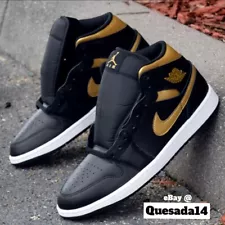 Nike Air Jordan 1 Mid Shoes Black Metallic Gold White DQ8426-071 Men's Size 10.5