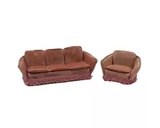 Vtg Dollhouse Furniture - LUNDBY Plush Pink Sofa & Chair - velvet like w/ Trim