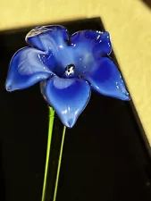 Blown Art Glass Blue Lily Long Stem Flower 11” Nice