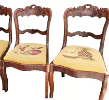 Antique Victorian Walnut Dining Room Chair with Fruit Hand Embroidered Seat