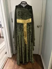 Olive green velvety hooded medieval renaissance long dress