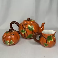 Vintage Pumpkin Teapot Set Majolica Style Rich Talent Brand Sugar Creamer Autumn