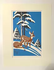 1950s Lithograph in 11x14 Mat - Deer on Snowy Hillside by Barbara Crist