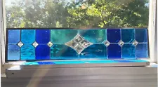 Stained Glass Transom Window Panel w/Bevels - size 30 x 7 blue/turquoise tones
