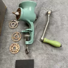 Vintage Green Enamel Cast Iron Heavy Duty Manual Hand Crank Meat Grinder